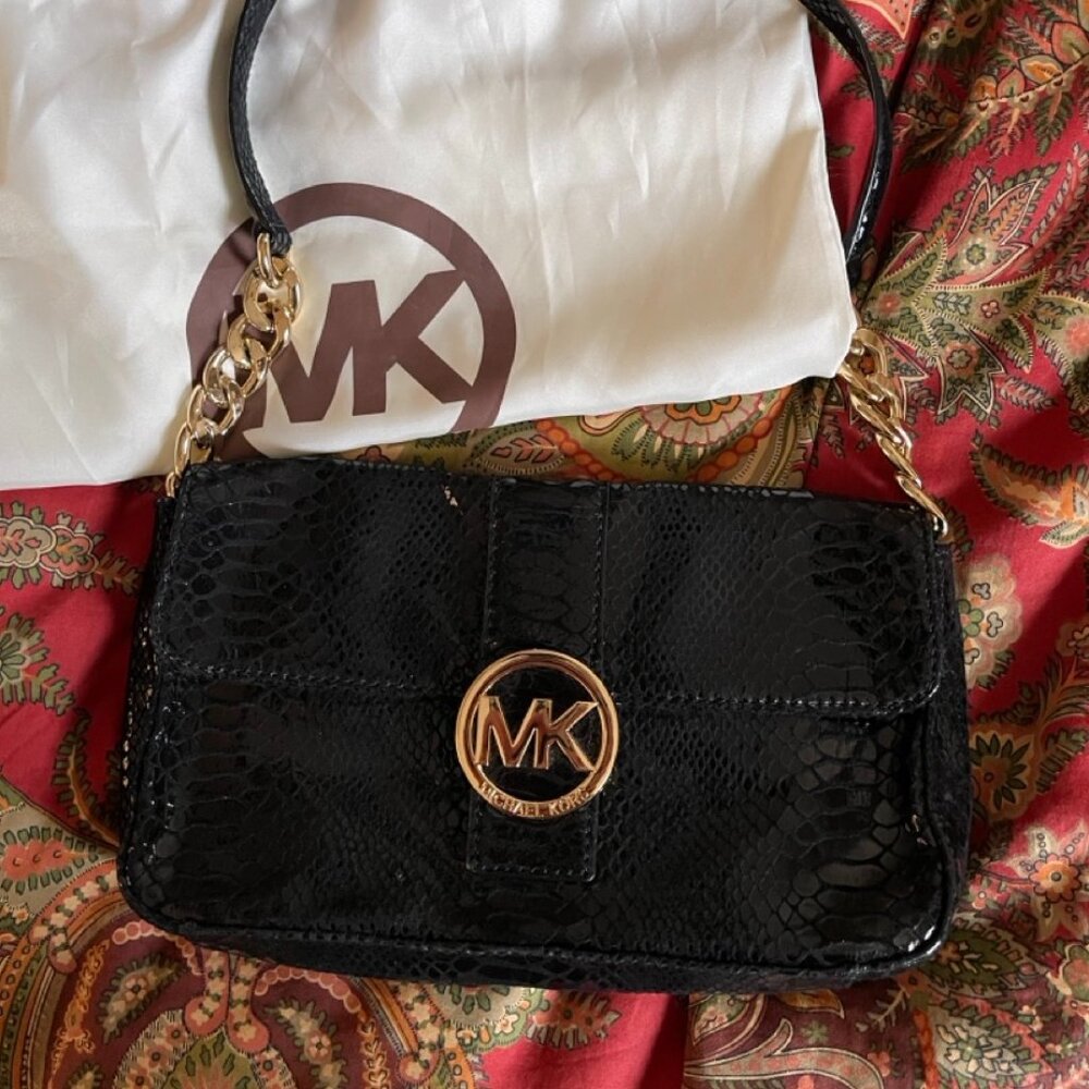 Michael Kors Black Python Leather Hand Bag Gold Chain EUC!!!!